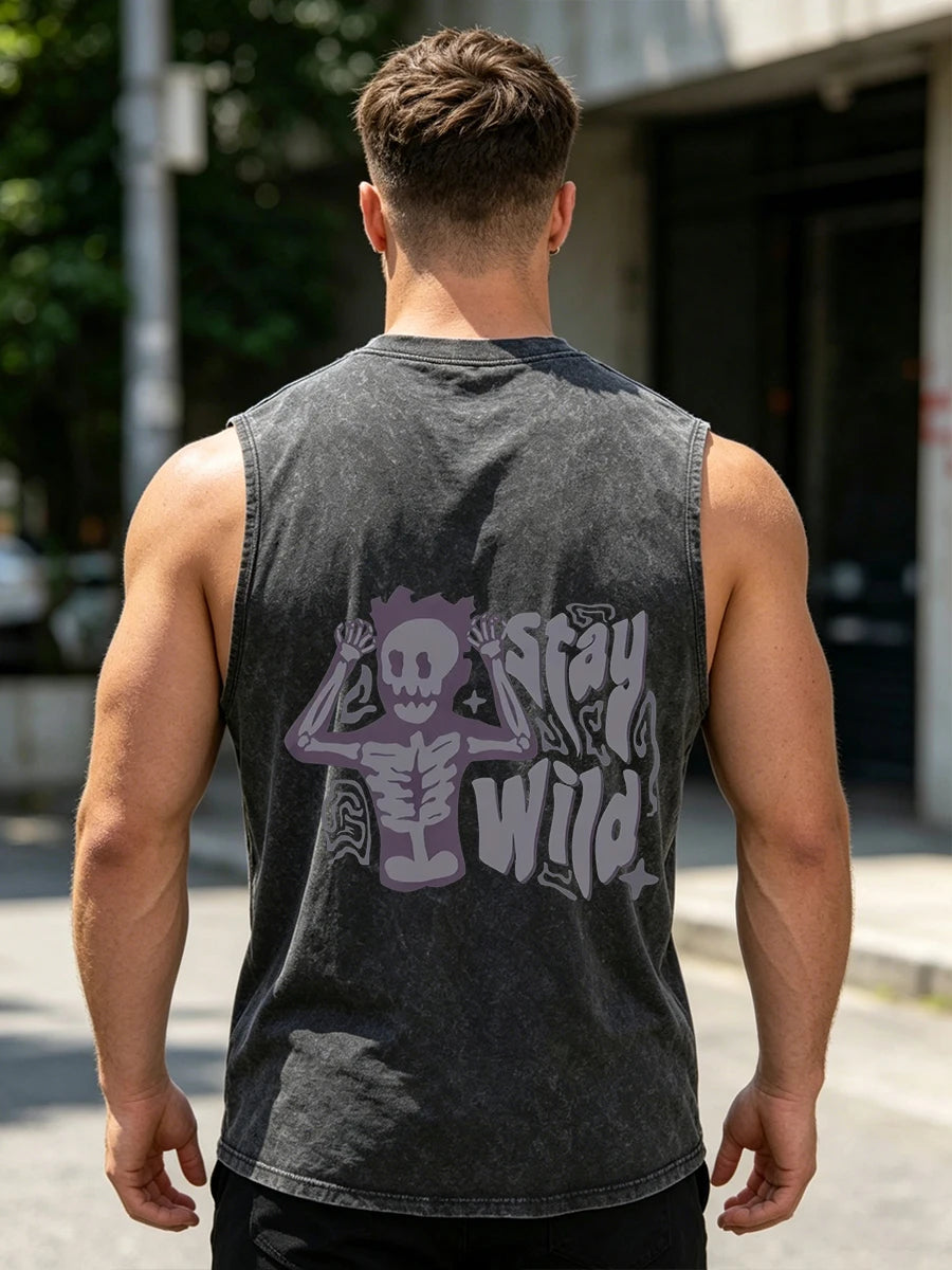 Men's Fun Skull Print Retro Washed Vest Suitable For Summer Fitness Training Daily Commute Casual And Stylish Pure Cotton Vest