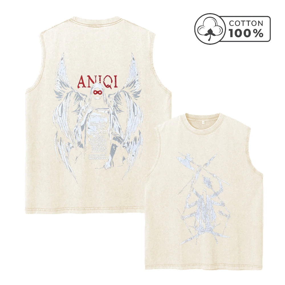 Men's Creative Eight Armed Death Print Washed Vest Loose Casual Pure Cotton Commuter Retro Sleeveless Vest Summer Running Top