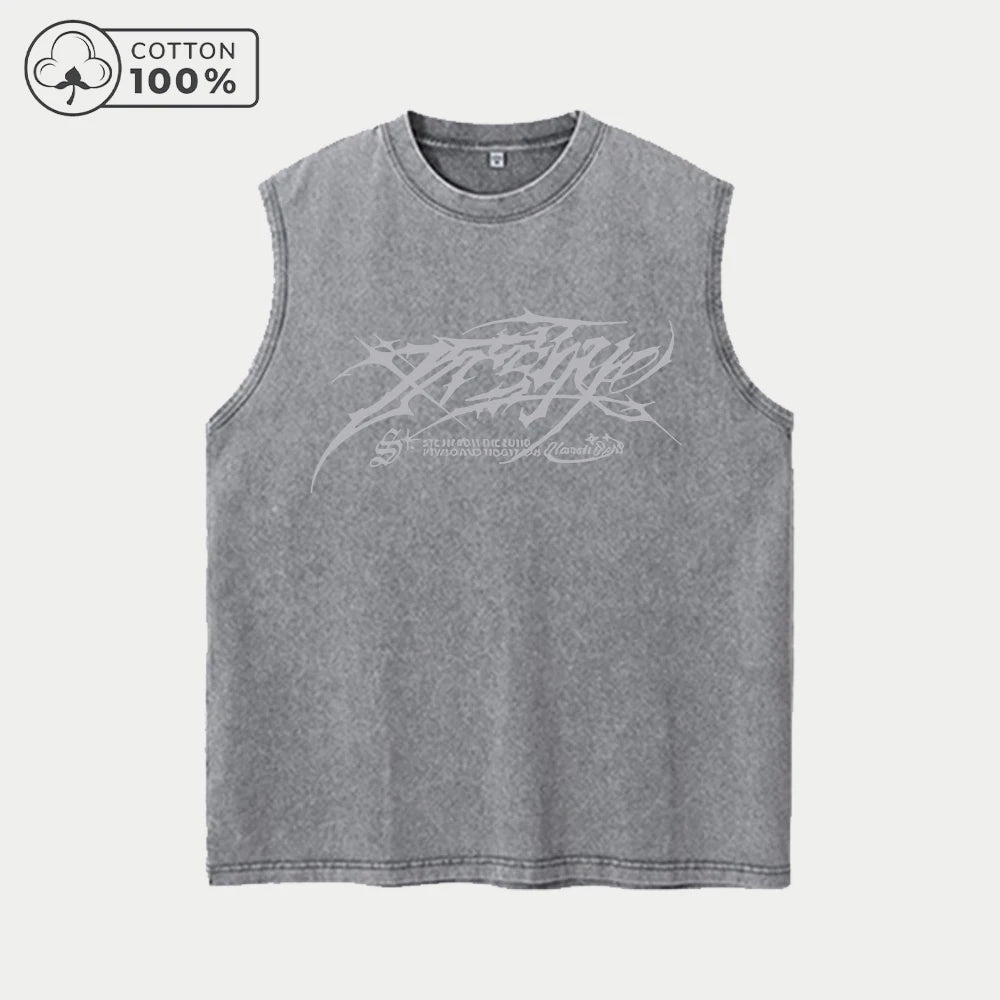 Men's Casual Washed Vest With Trendy Text Print Loose Fit Pure Cotton Summer Basketball Fitness Training Sleeveless Top
