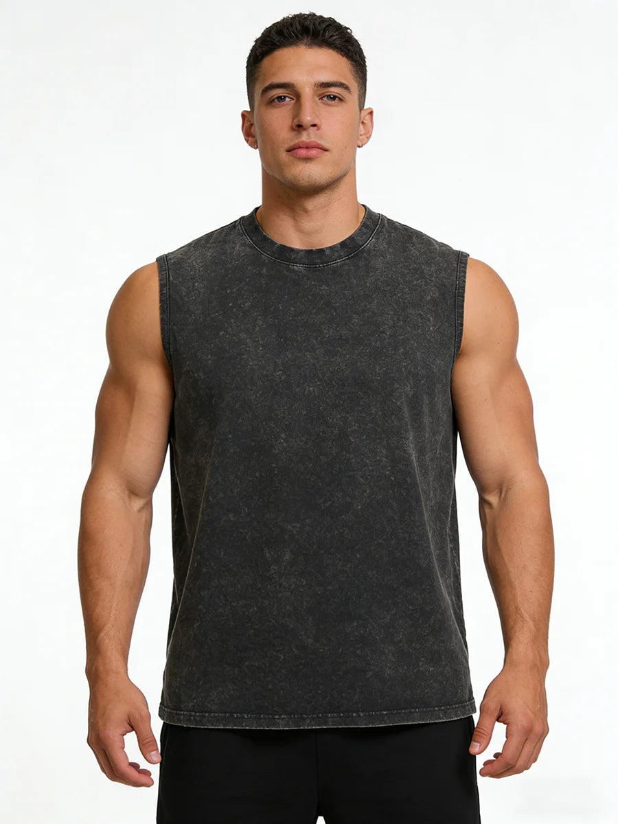 Heavyweight Distressed Washed Sleeveless T-Shirt For Men Creative Print High Street Fitness Sports Vest 2026 New Style