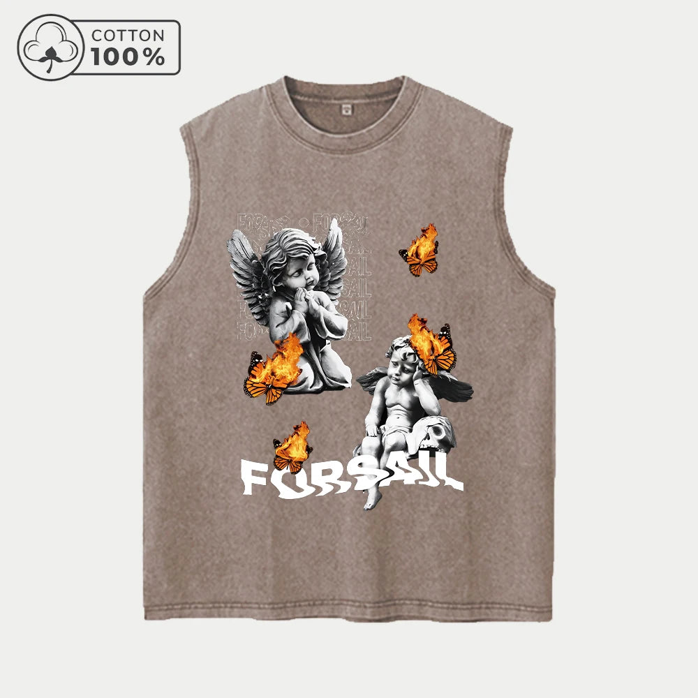 Men's Distressed Washed Vest Summer Casual Fashion Angel Print Pure Cotton Sleeveless T-Shirt Everyday Street Style Commute Top