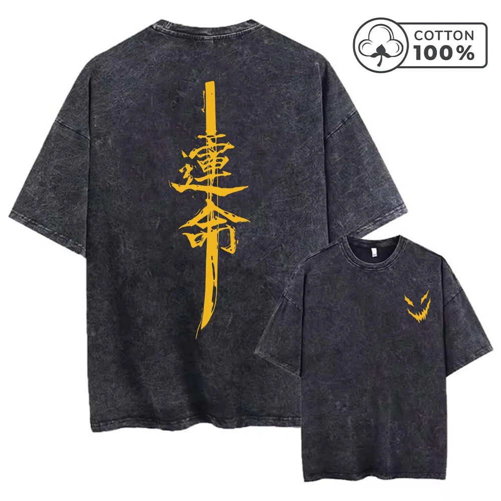 Men's Retro Washed T-Shirt With Evil Smiley Face And Knife Print Casual Pure Cotton Short Sleeved Street Style Commuter Top