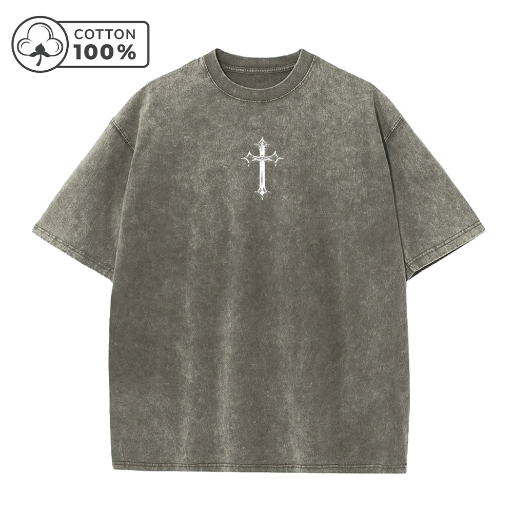 Men's Distressed Washed T-Shirt With Cross Print Retro Pure Cotton Short Sleeve Comfortable And Breathable Training Top