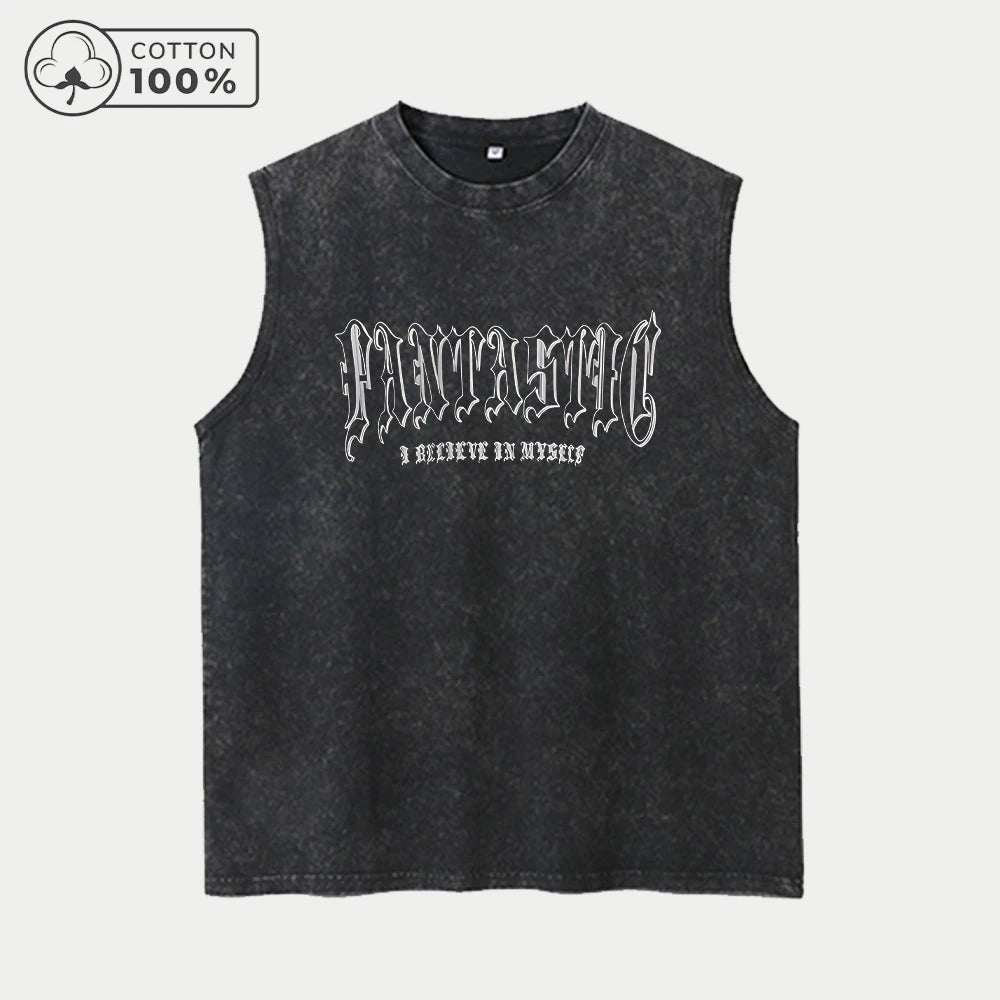Men's Star And Letter Print Washed Vest Retro Street Style Loose Fitting Pure Cotton Sleeveless Top Summer Gym And Commute Vest