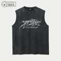 Men's Casual Washed Vest With Trendy Text Print Loose Fit Pure Cotton Summer Basketball Fitness Training Sleeveless Top