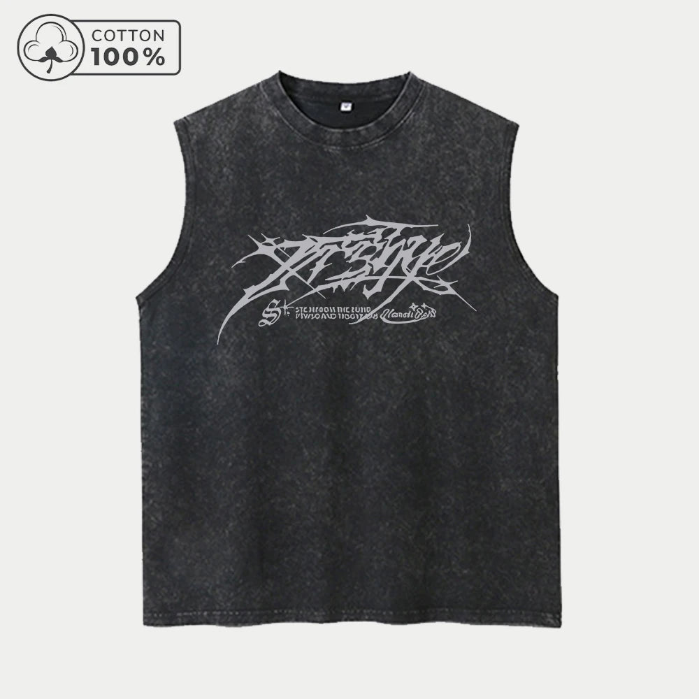 Men's Casual Washed Vest With Trendy Text Print Loose Fit Pure Cotton Summer Basketball Fitness Training Sleeveless Top