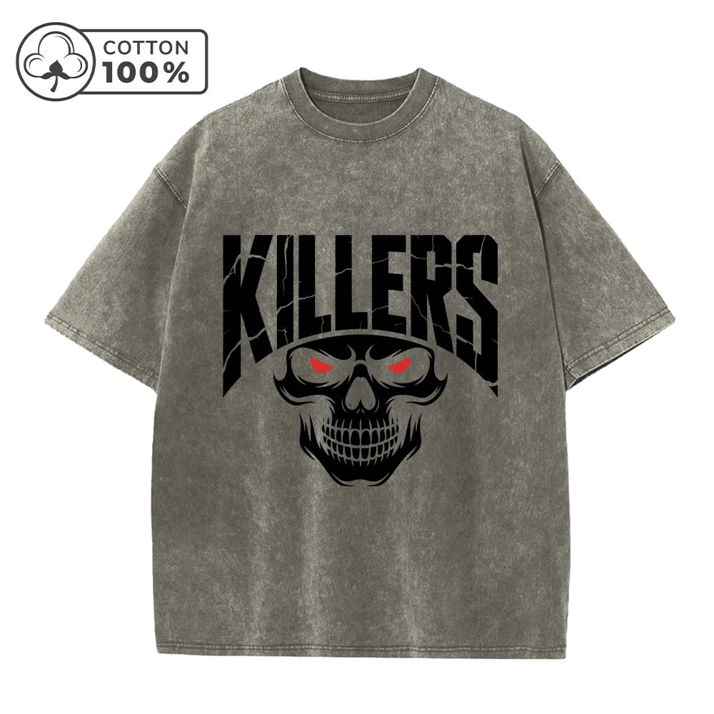 Men's Fashion Street Retro Washed T-Shirt With Red Eye Skull Print Summer Casual Pure Cotton Breathable Short Sleeve Top
