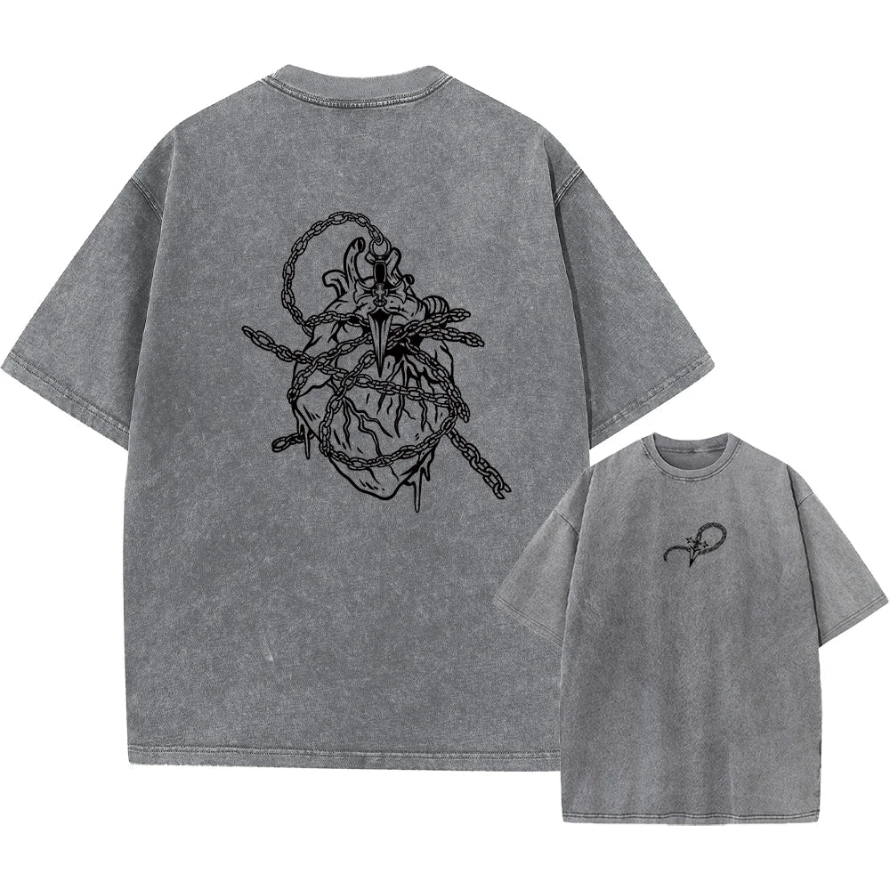Summer Casual Printed Washed T-Shirt Loose Fitting Crew Neck Top Suitable For Everyday Commute And Lounging At Home Unisex Style