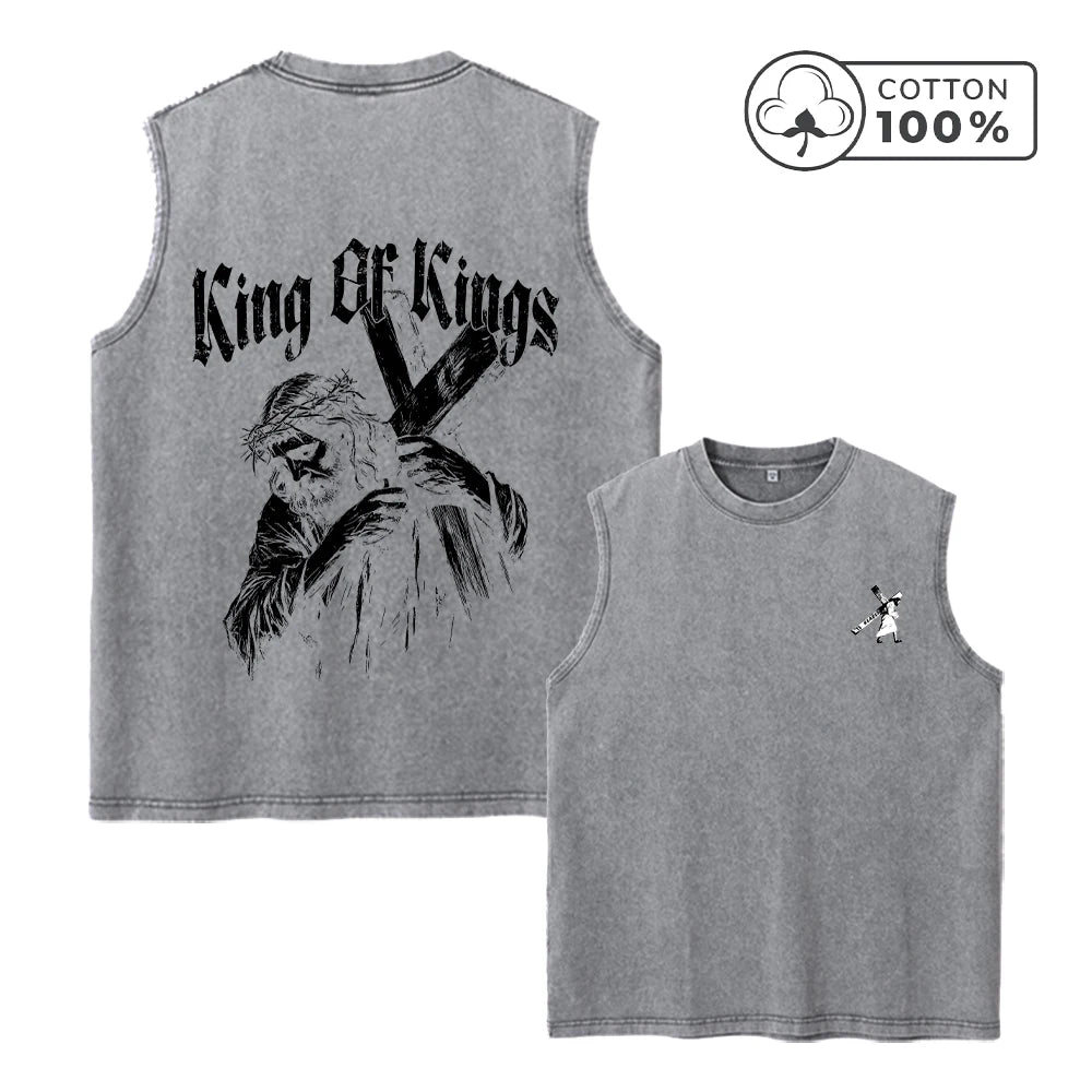 Men's Distressed Washed Vest With Jesus Cross Print Summer Pure Cotton Casual Sleeveless T-Shirt Vintage Street Style Top