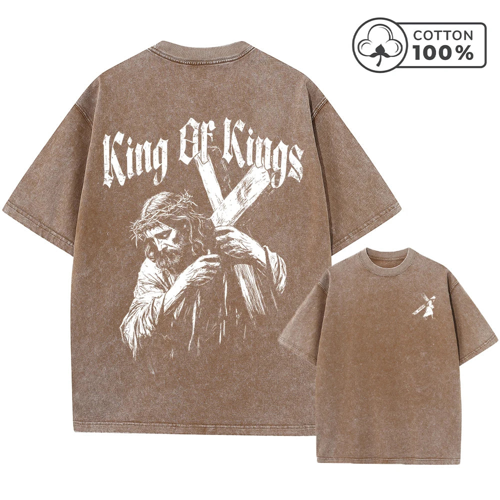 Men's Trendy Jesus Cross Print Distressed Washed T-Shirt Loose Casual Pure Cotton Crew Neck Short Sleeve Daily Commute Top