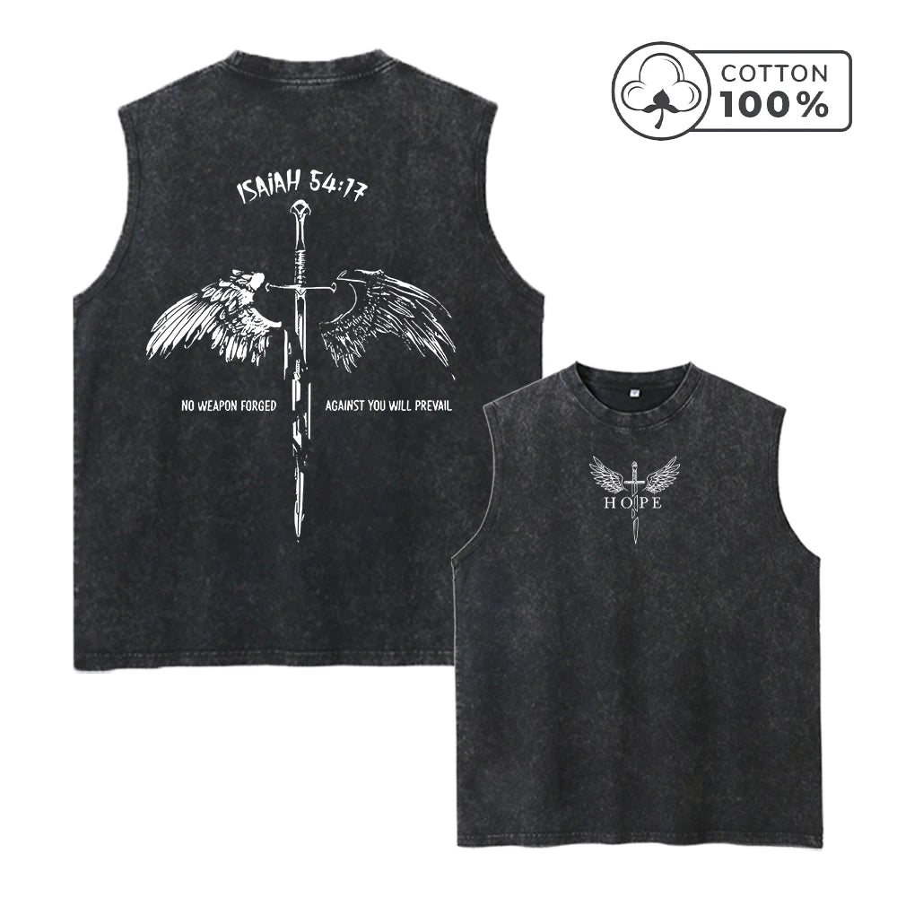 Men's Casual Washed Vest With Sword And Wing Print Loose Fit Pure Cotton Summer Basketball Fitness Training Sleeveless Top