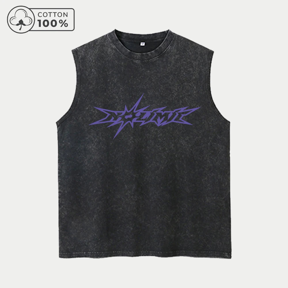 Men's Distressed Washed Vest With Creative Explosion Shape Text Print  Pure Cotton Casual Sleeveless T-Shirt Street Style Top