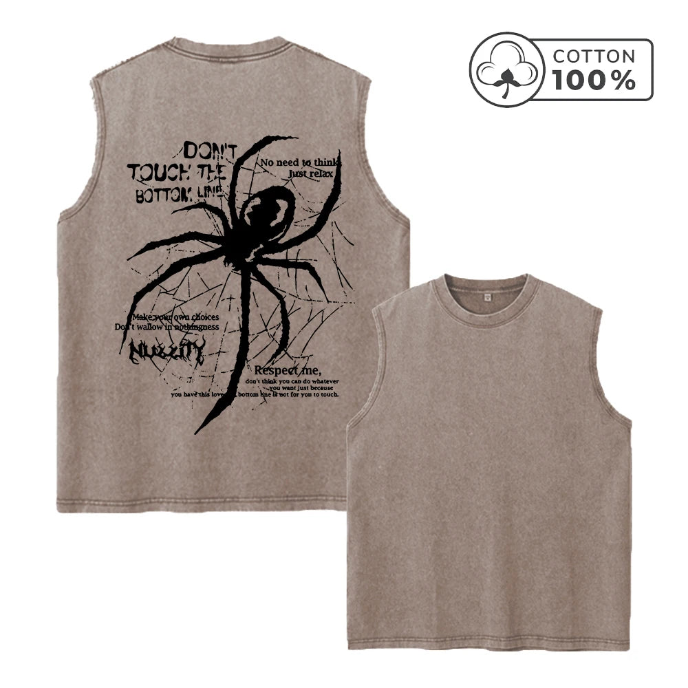 Men's Trendy Spider Print Washed Vest Loose Fit Casual Pure Cotton Fitness Commuter Retro Sleeveless Vest Summer Running Top