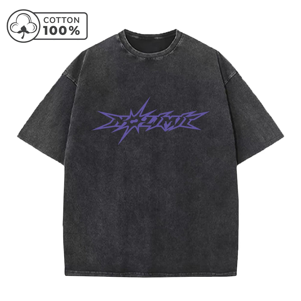 Men's Creative Purple Word Print Distressed Washed T-Shirt Loose Fit Casual Pure Cotton Crew Neck Short Sleeve Daliy Commute Top