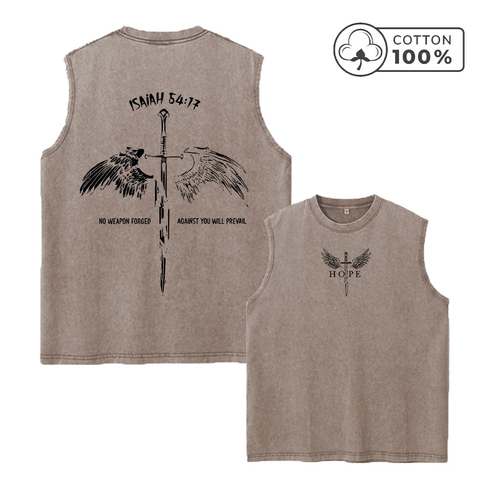 Men's Casual Washed Vest With Sword And Wing Print Loose Fit Pure Cotton Summer Basketball Fitness Training Sleeveless Top