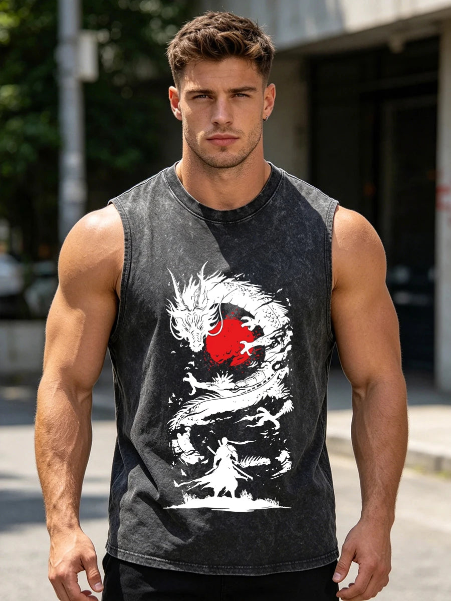 Men's Fashion Washed Vest With Chinese Dragon Print Pure Cotton Sleeveless Fitness T Shirt Loose Fit Casual Commuter Sports Top