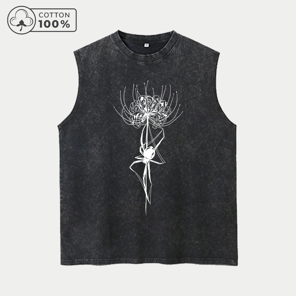 Men's Casual Sports Washed Vest With Unique Spider Lily Print Pure Cotton Sleeveless T-Shirt Summer Commute Outdoor Loose Top