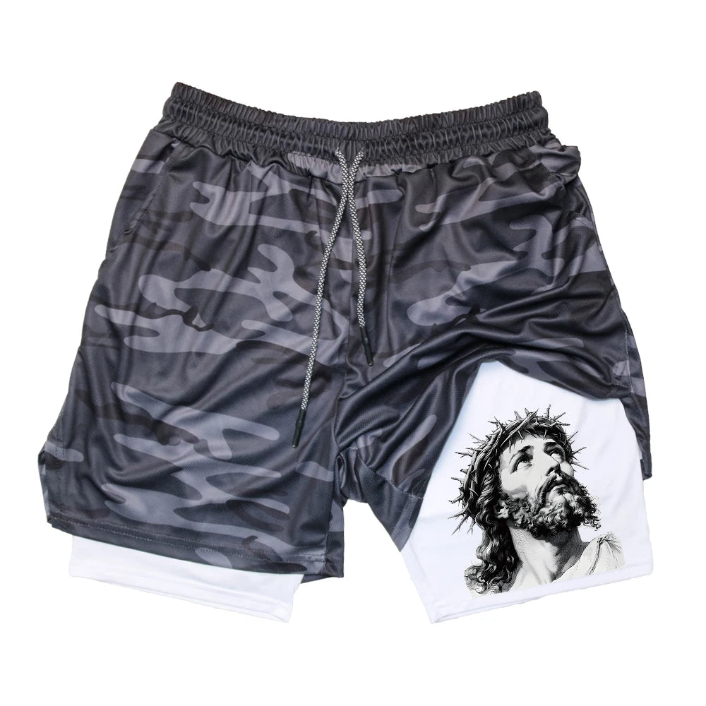 Men's Quick-Drying Athletic Shorts With Jesus Head Print Multiple Pockets Suitable For Fitness Training And Everyday Wear