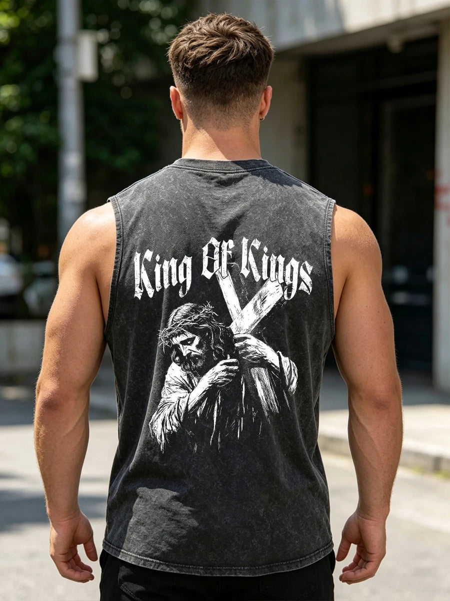 Men's Distressed Washed Vest With Jesus Cross Print Summer Pure Cotton Casual Sleeveless T-Shirt Vintage Street Style Top