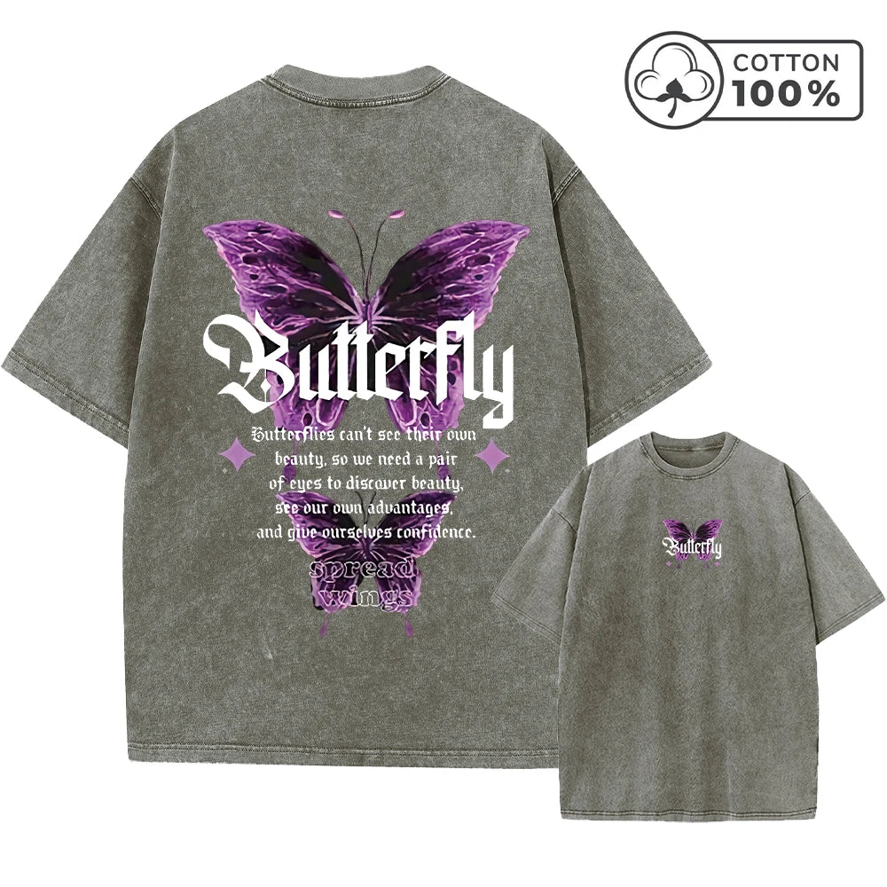 Men's Street Style Butterfly Print Washed T-Shirt Summer Distressed Loose Casual Fashion Short Sleeved Gym And Commuter Top