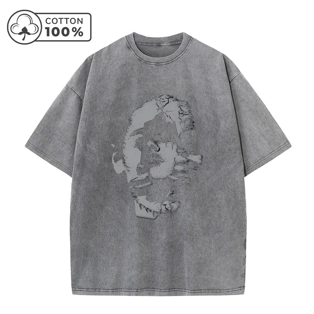 Men's Distressed Washed T-Shirt Personalized Face Print Retro Pure Cotton Short Sleeve Comfortable And Breathable Training Top