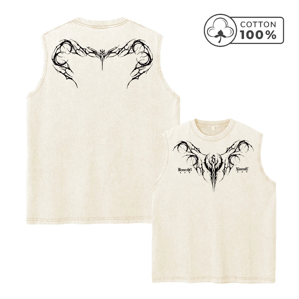 Men's Unique Thorn And Sheep Bone Print Fashion Retro Washed Vest Summer Fitness Loose Casual Pure Cotton Sleeveless T-Shirt