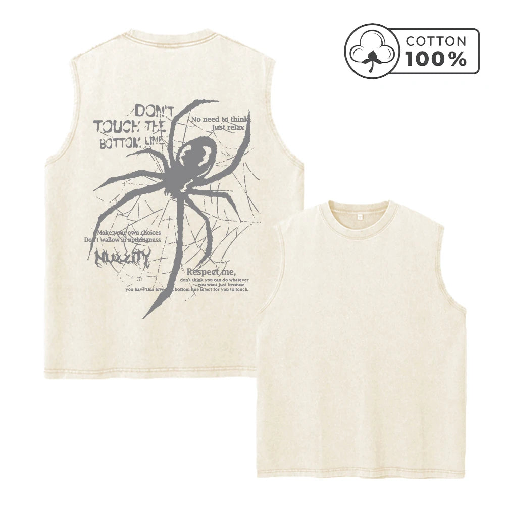 Men's Trendy Spider Print Washed Vest Loose Fit Casual Pure Cotton Fitness Commuter Retro Sleeveless Vest Summer Running Top