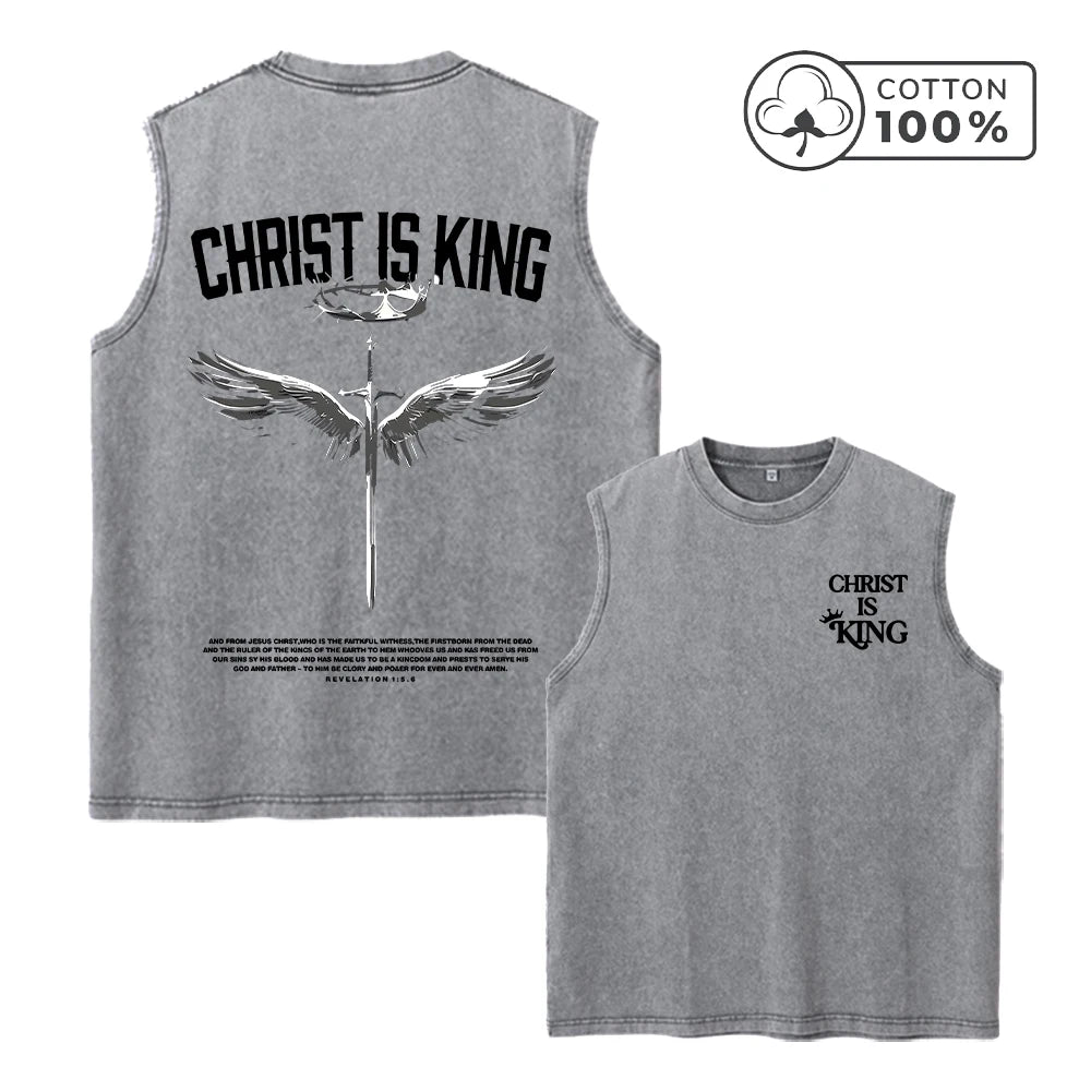 Men's Heavyweight Pure Cotton Washed Sleeveless Vest Trendy Crown And Sword Print Top Retro Distressed 2026 Street Style Vest