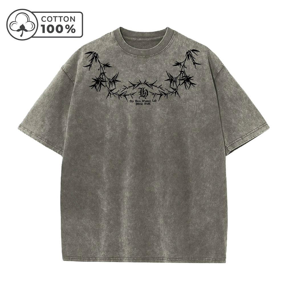 Men's Street Style Washed T-Shirt With Unique Bamboo Leaf Print Retro Pure Cotton Short Sleeve Top Casual Daily Commute