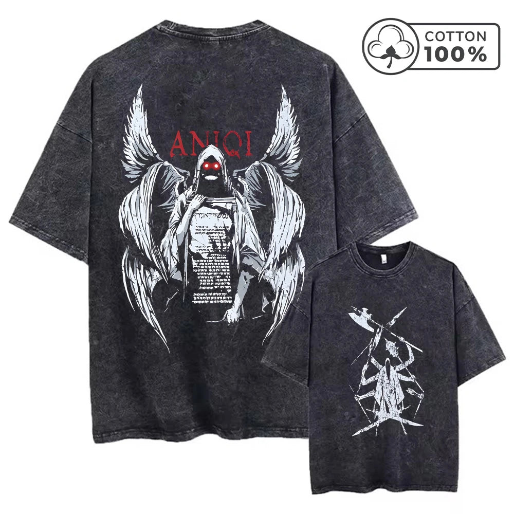 Men's Distressed Washed T-Shirt With Grim Reaper Print Retro Pure Cotton Short Sleeve Comfortable And Breathable Training Top