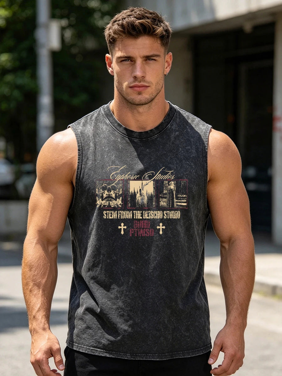Men's Heavyweight Pure Cotton Washed Sleeveless Vest With Skull Print Retro Distressed And Breathable 2026 Summer New Arrival