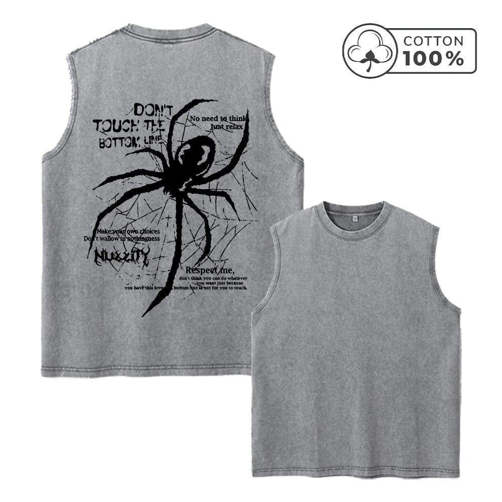 Men's Trendy Spider Print Washed Vest Loose Fit Casual Pure Cotton Fitness Commuter Retro Sleeveless Vest Summer Running Top
