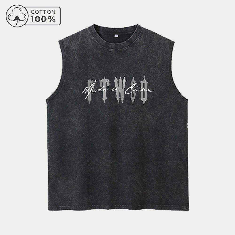 Men's Fashion Washed Vest With Twisted Text Print Pure Cotton Sleeveless Fitness T Shirt Loose Fit Casual Commuter Sports Top