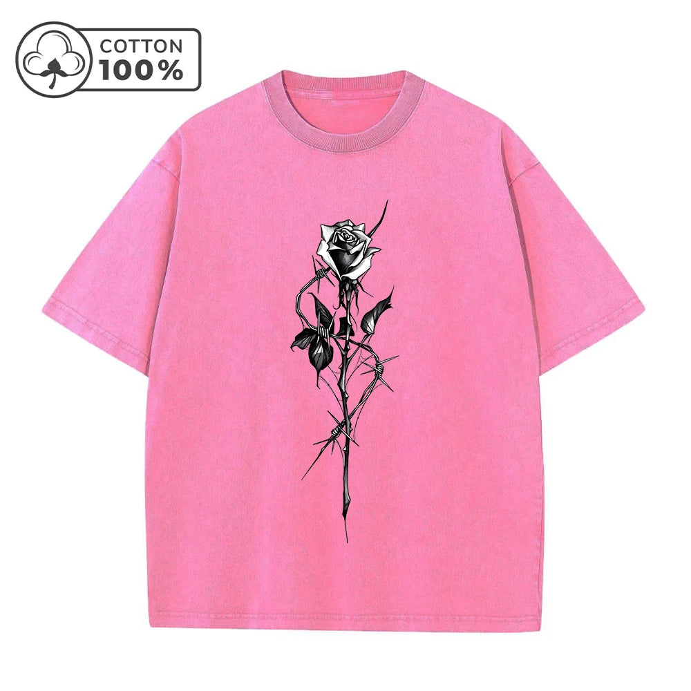 Men's Fashion Street Style Distressed Washed T-Shirt With Retro Rose Print Summer Casual Pure Cotton Breathable Short Sleeve Top