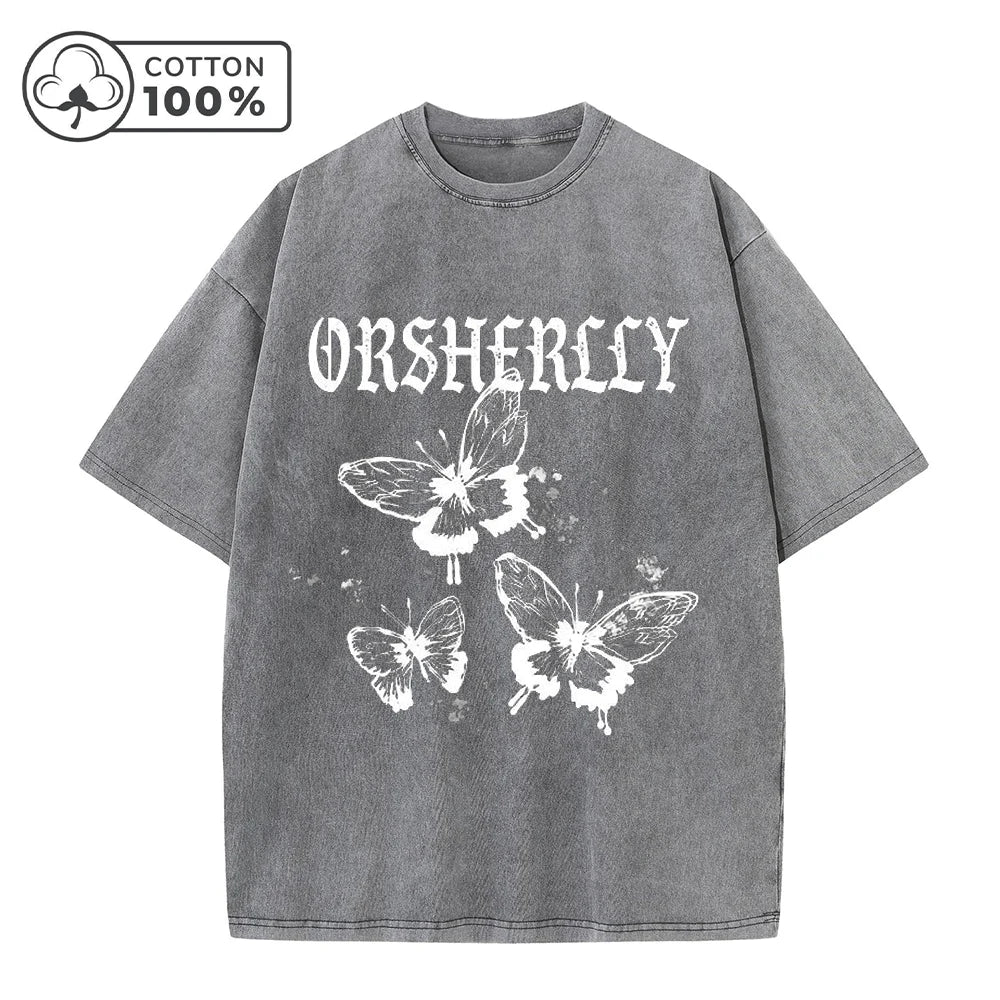 Men's Hollowed Out Butterfly Print Retro Washed T-Shirt Summer Distressed Loose Casual Fashion Short Sleeved Fitness Commute Top