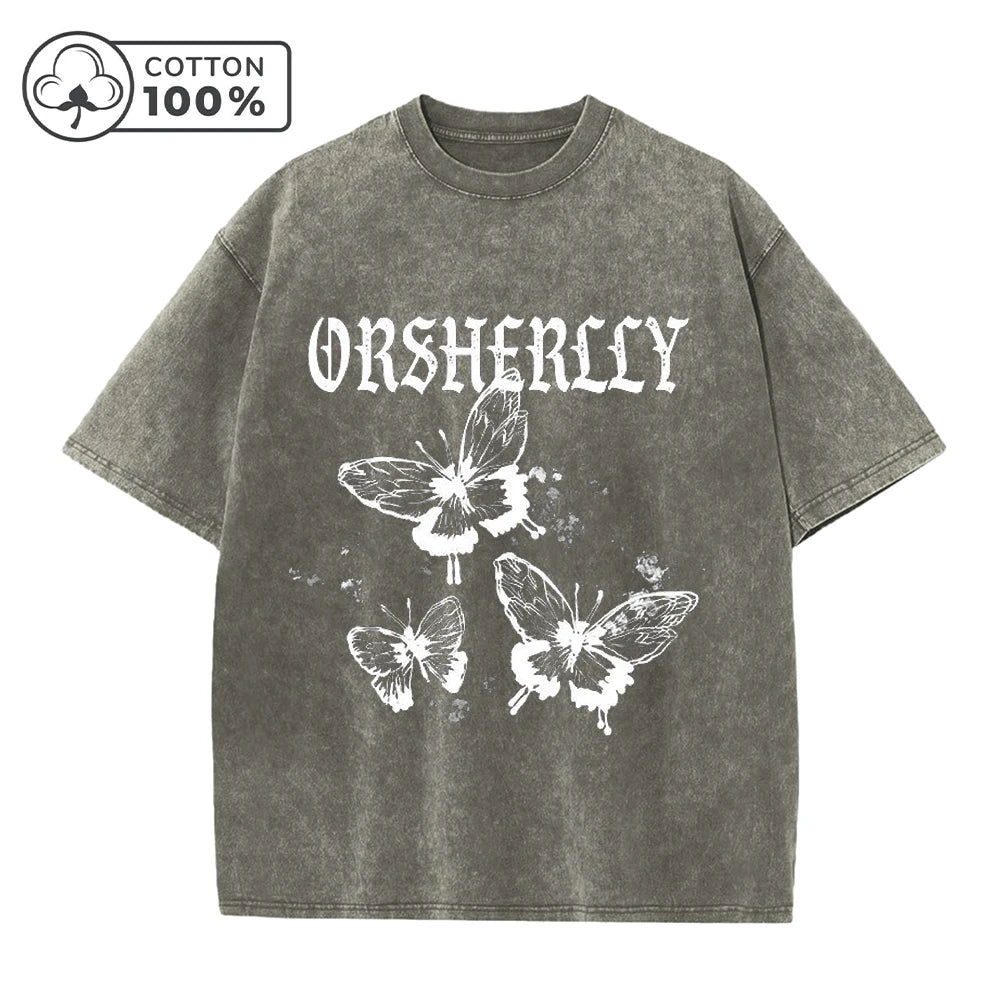 Men's Hollowed Out Butterfly Print Retro Washed T-Shirt Summer Distressed Loose Casual Fashion Short Sleeved Fitness Commute Top