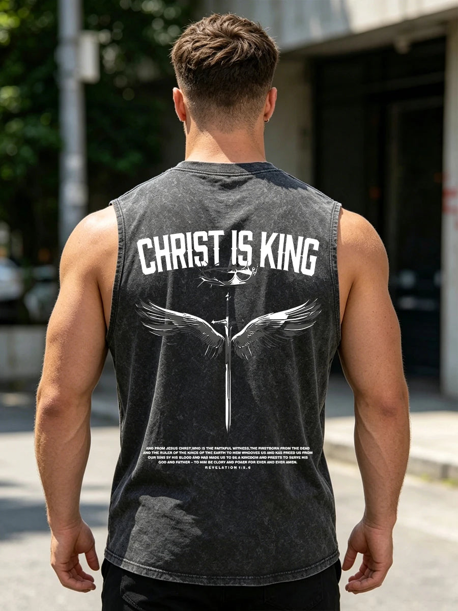 Men's Heavyweight Pure Cotton Washed Sleeveless Vest Trendy Crown And Sword Print Top Retro Distressed 2026 Street Style Vest
