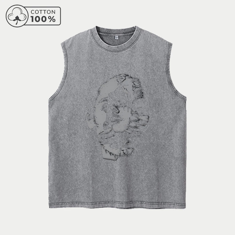 Men's Fashion Creative Face Print Washed Vest Loose Casual Pure Cotton Fitness Commuter Retro Sleeveless Vest Summer Running Top