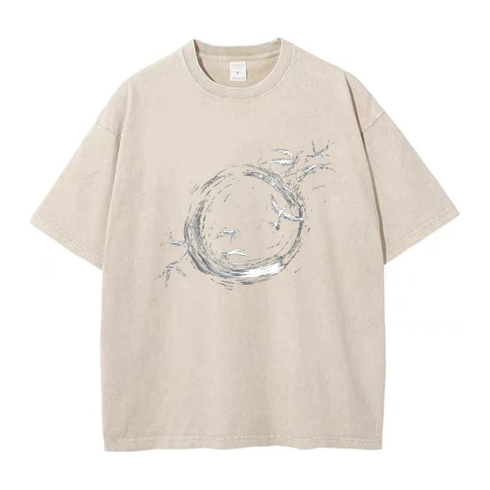 Summer Creative Print Washed T-Shirt Loose Casual Fashion Retro Street Style Short Sleeve Top For Everyday Commute Unisex