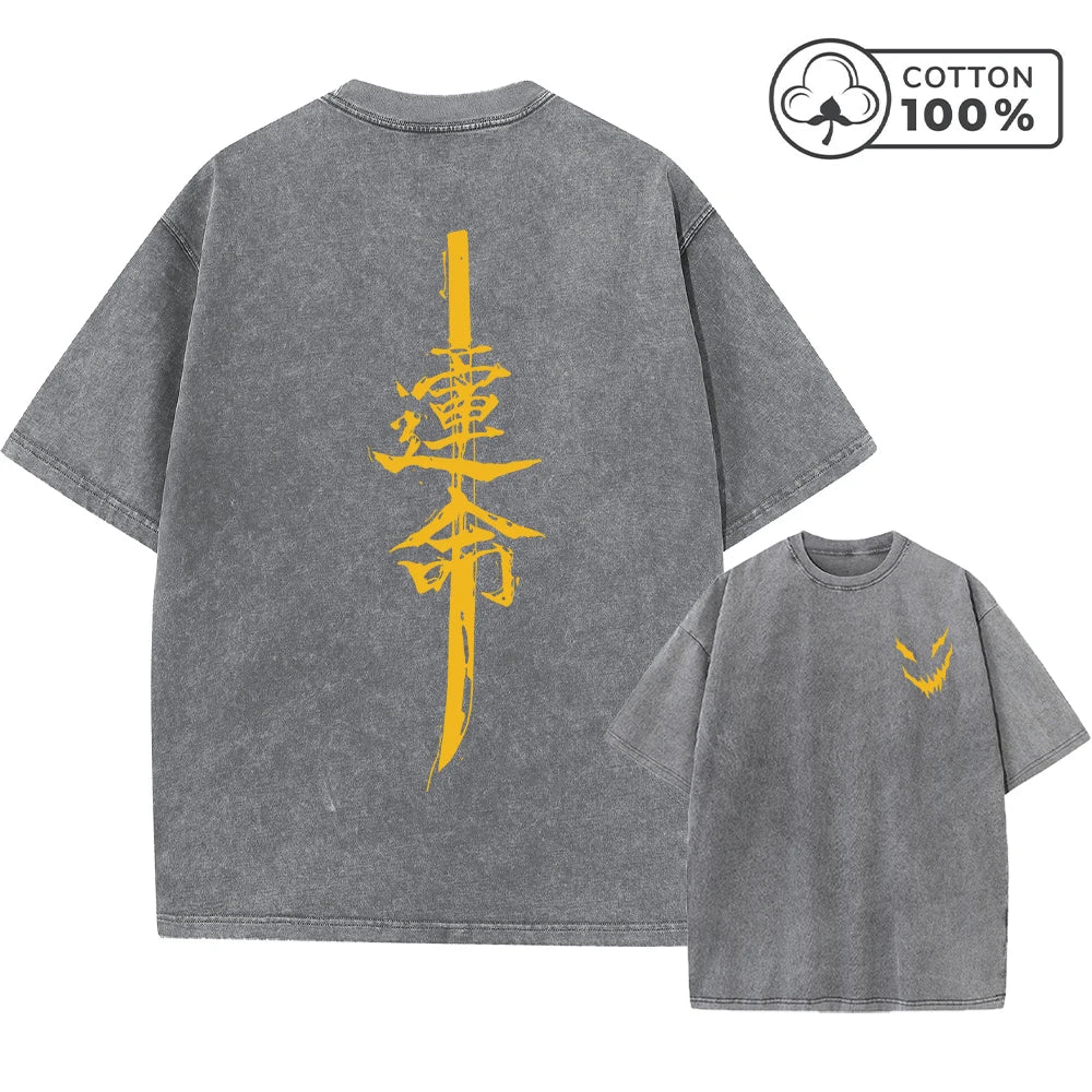 Men's Retro Washed T-Shirt With Evil Smiley Face And Knife Print Casual Pure Cotton Short Sleeved Street Style Commuter Top