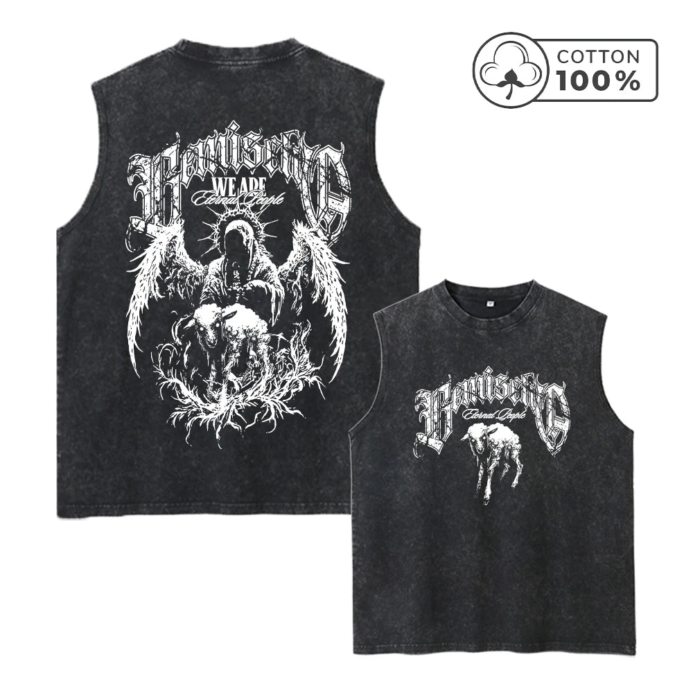 Men's Pure Cotton Washed Sleeveless Vest Trendy Sheep Print Top Retro Distressed 2026 Street Style Heavyweight Breathable Vest