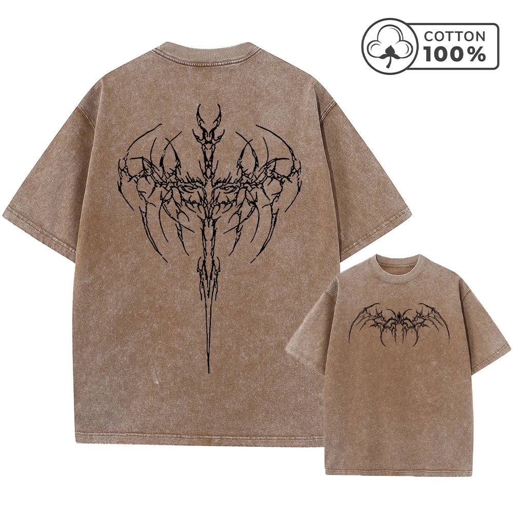 Men's Thorn Wings Print Retro Washed T-Shirt Trendy Streetwear Fitness Top Summer Casual Pure Cotton Breathable Short Sleeve Top