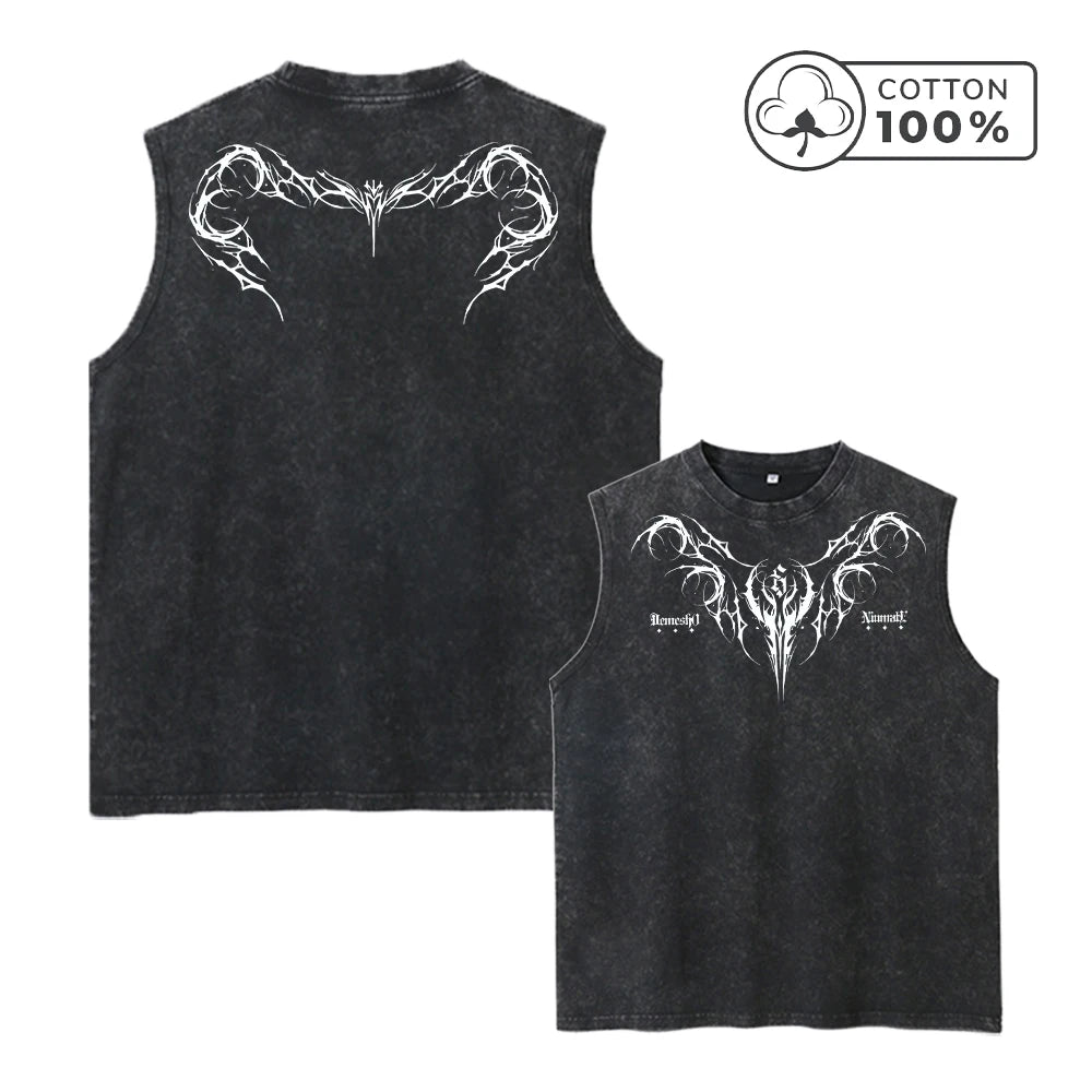 Men's Unique Thorn And Sheep Bone Print Fashion Retro Washed Vest Summer Fitness Loose Casual Pure Cotton Sleeveless T-Shirt