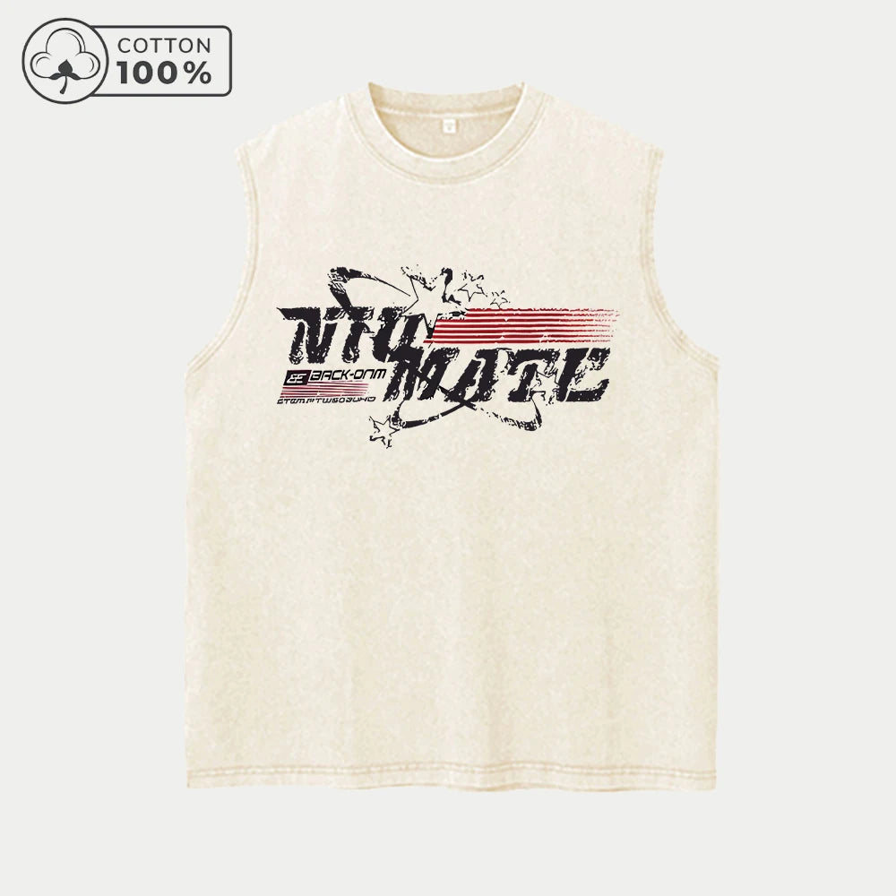 Men's Hollowed Out Text Print Washed Vest Retro Casual Pure Cotton Sleeveless Vest Summer Daliy Street Style Commute Loose Top