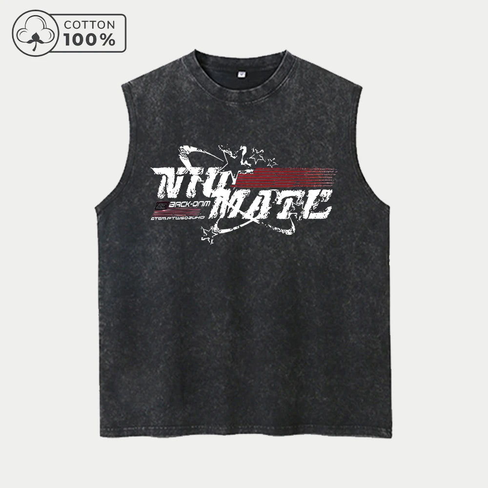 Men's Hollowed Out Text Print Washed Vest Retro Casual Pure Cotton Sleeveless Vest Summer Daliy Street Style Commute Loose Top
