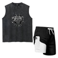 Men's Beach Casual Set Printed Fashion Washed T-Shirt Drawstring Shorts With Inner Cell Phone Pocket Summer Swimming And Surfing