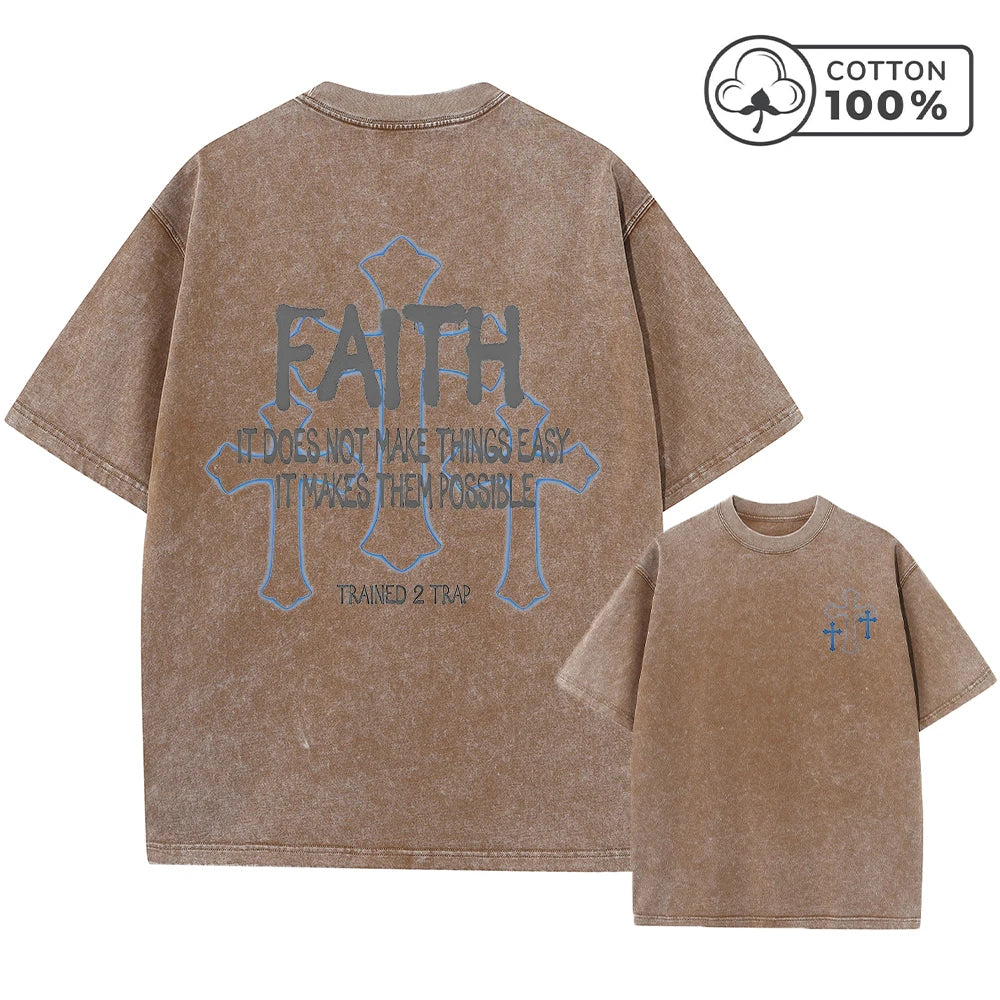 Men's Distressed Cross Print Retro Washed T-Shirt Summer Distressed Loose Casual Fashion Short Sleeve Gym And Commuter Top