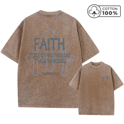 Men's Distressed Cross Print Retro Washed T-Shirt Summer Distressed Loose Casual Fashion Short Sleeve Gym And Commuter Top