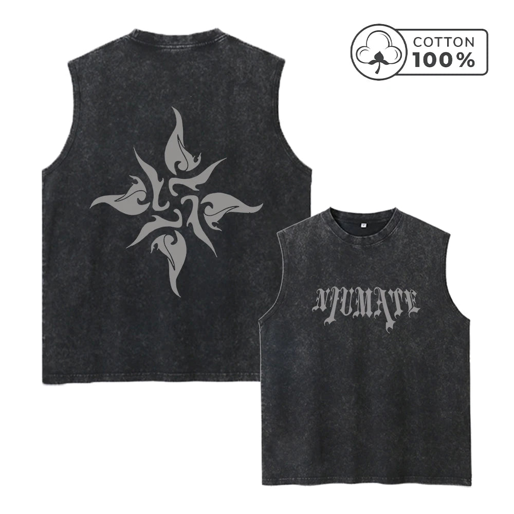 Men's Washed Vest With Gothic Text And Floral Print Pure Cotton Sleeveless Fitness T Shirt Loose Fit Casual Commuter Sports Top