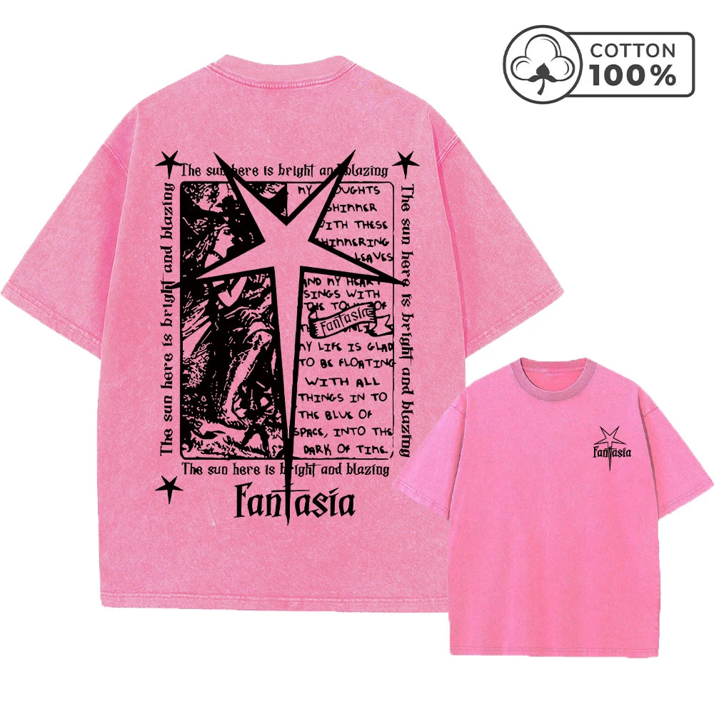 Men's Distressed Pure Cotton Washed T-Shirt With Fantasia Star And Text Print Short Sleeve Loose Fit Casual Daily Wear Gym Top